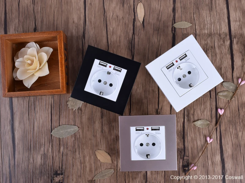 Coswall, двойной usb порт для зарядки, 5 В, 2.1A, светодиодный индикатор, 16A, настенная розетка европейского стандарта, ПК Панель, серый, черный, белый, золотой