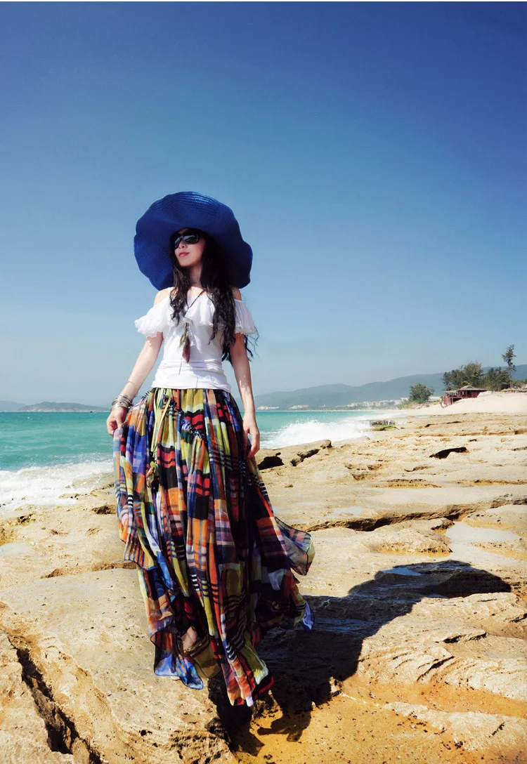 Women Trip Skirt 2018 Summer High Waist Colorful Chiffon Girl Floor Length Beautiful Beach Skirts | Женская одежда