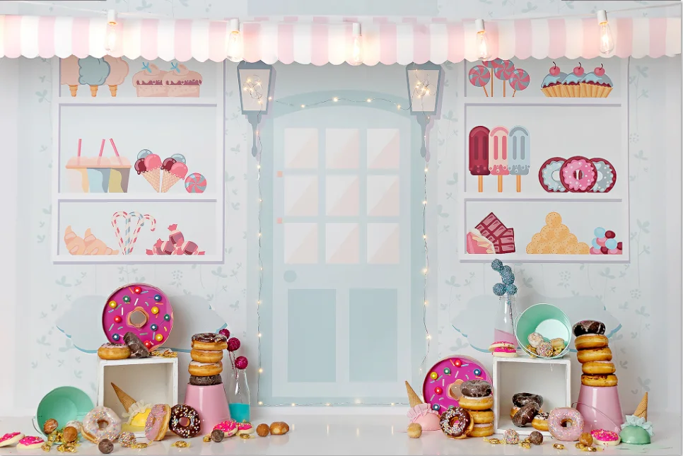 

Виниловый фон для студийной фотосъемки размером 220 см x 150 см, размером 7 х 5 футов в винтажном стиле с изображением пончика магазина и конфет