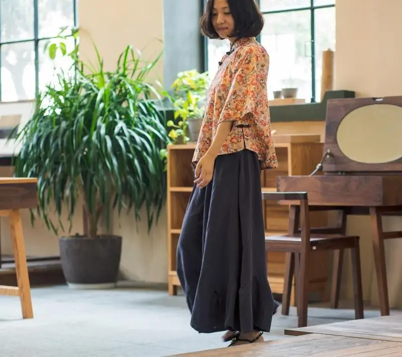 Женские широкие брюки из хлопка и льна винтажные свободные с карманами в стиле