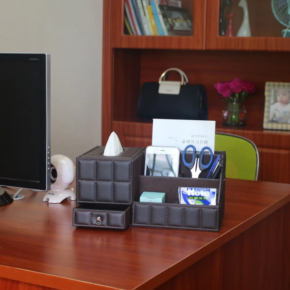 

Multipurpose Desk Organizer Leather PU Vintage Office Desk Storage Box Black Classic Pencil Holder Stationery Collection Boxes