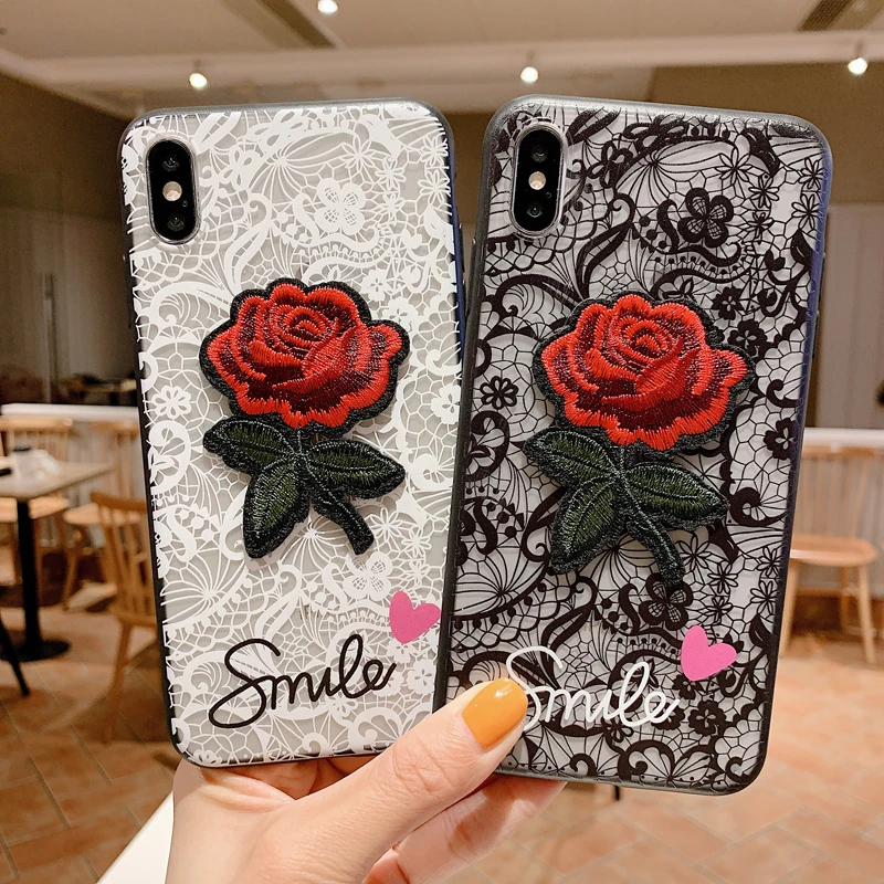 Модный чехол с длинным ремешком и кружевной вышивкой розы для iPhone XS MAX X 6s 7 8 XR Plus 6 5