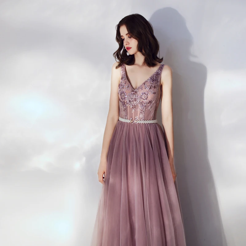 Женское кружевное платье SSYFashion элегантное фиолетовое в пол с V образным вырезом и