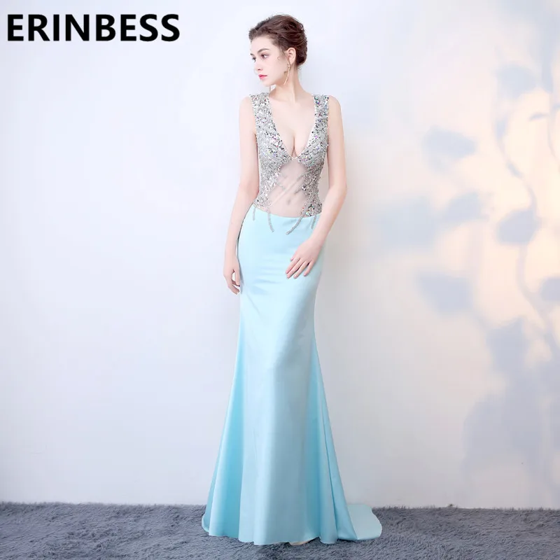 Light Sky Blue Mermaid Evening Dresses See Through V Neck Beaded Rhinestone Long Backless Prom Gowns For Women | Свадьбы и торжества
