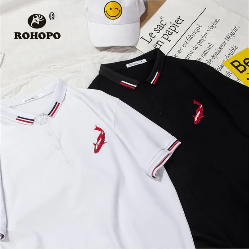 Мужская рубашка поло с вышивкой в виде рыбки ROHOPO хлопковая коротким рукавом из