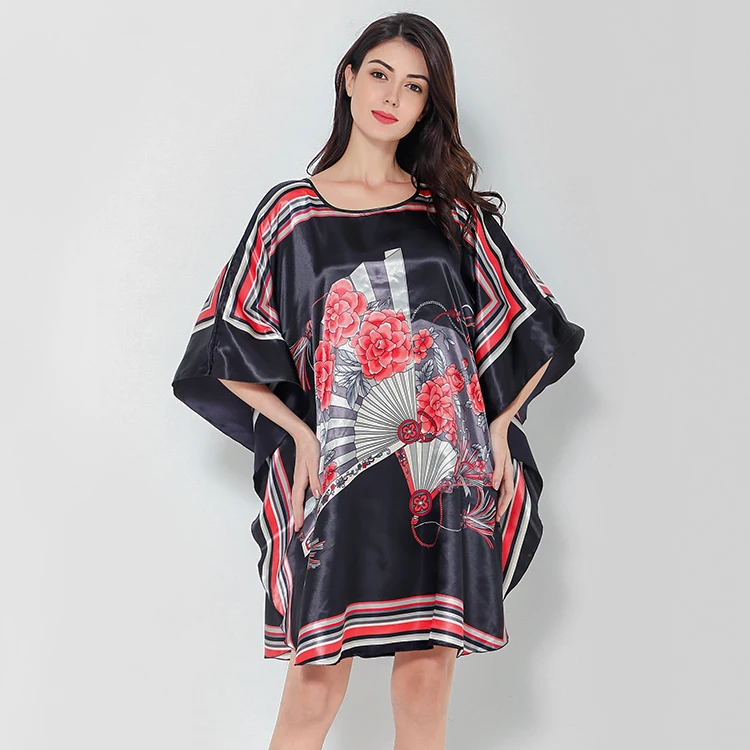 

Red Flower Women Satin Home Clothing O-Neck Rayon Sleepwear Loose Casual Mini Nightgown Comfortable Nightdress Negligee Lounge