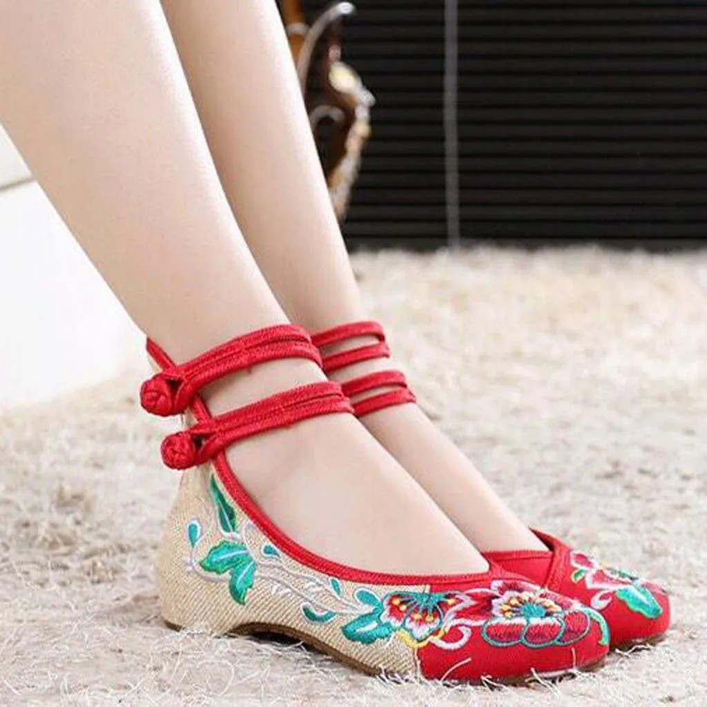 Женские винтажные парусиновые балетки на плоской подошве с вышивкой женские