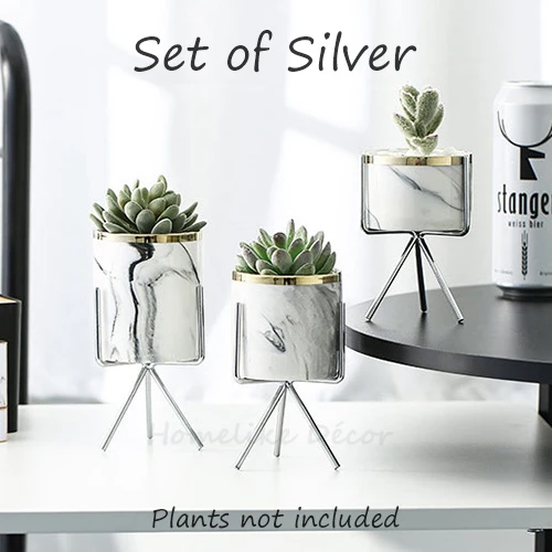 Silver Набор из 3 шт. мраморные белые керамические цветочные горшки с железной подставкой настольные кашпо украшение дома сада с золотыми деталями - Цвет: Silver