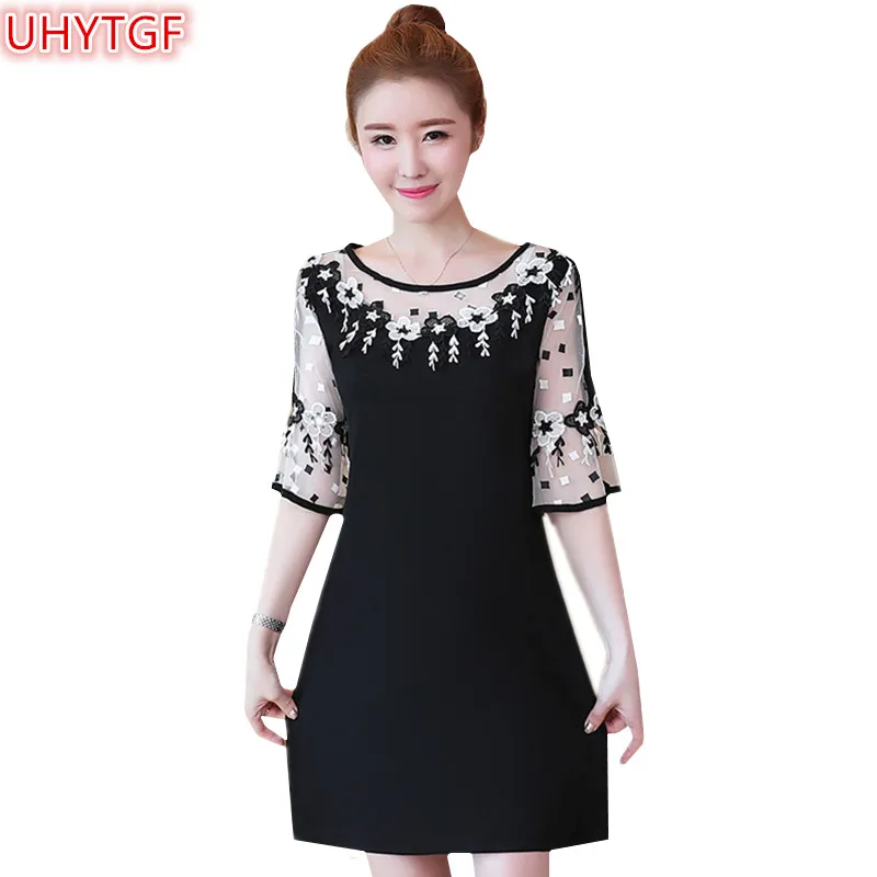 

UHYTGF Summer Lace Dress Women 2021 Plus size korean Black Mini Dresses party Elegant short dresses high quality Women Dress 161