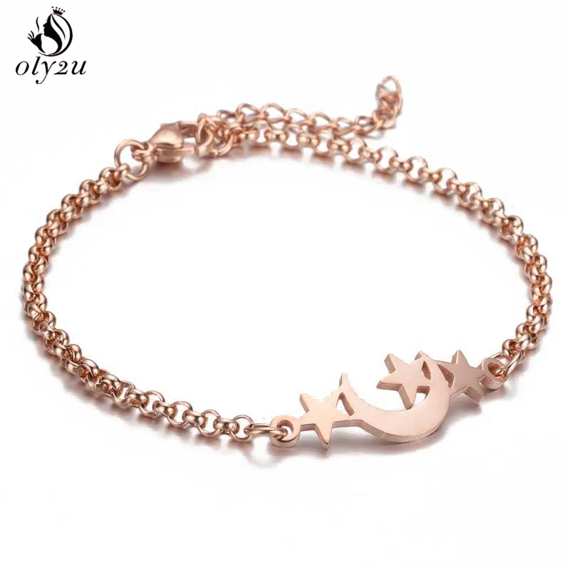 rose gold bracelet Oly2u Lucky Star лунные браслеты для Для женщин серьги в виде планет Нержавеющая сталь цепь браслет с шармом дружба Femme Bijoux(украшения своими руками - Окраска металла: rose gold bracelet