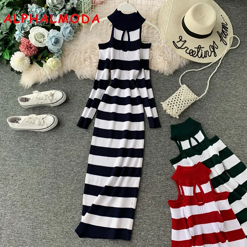 Женское трикотажное платье ALPHALMODA с открытыми плечами в полоску повседневное