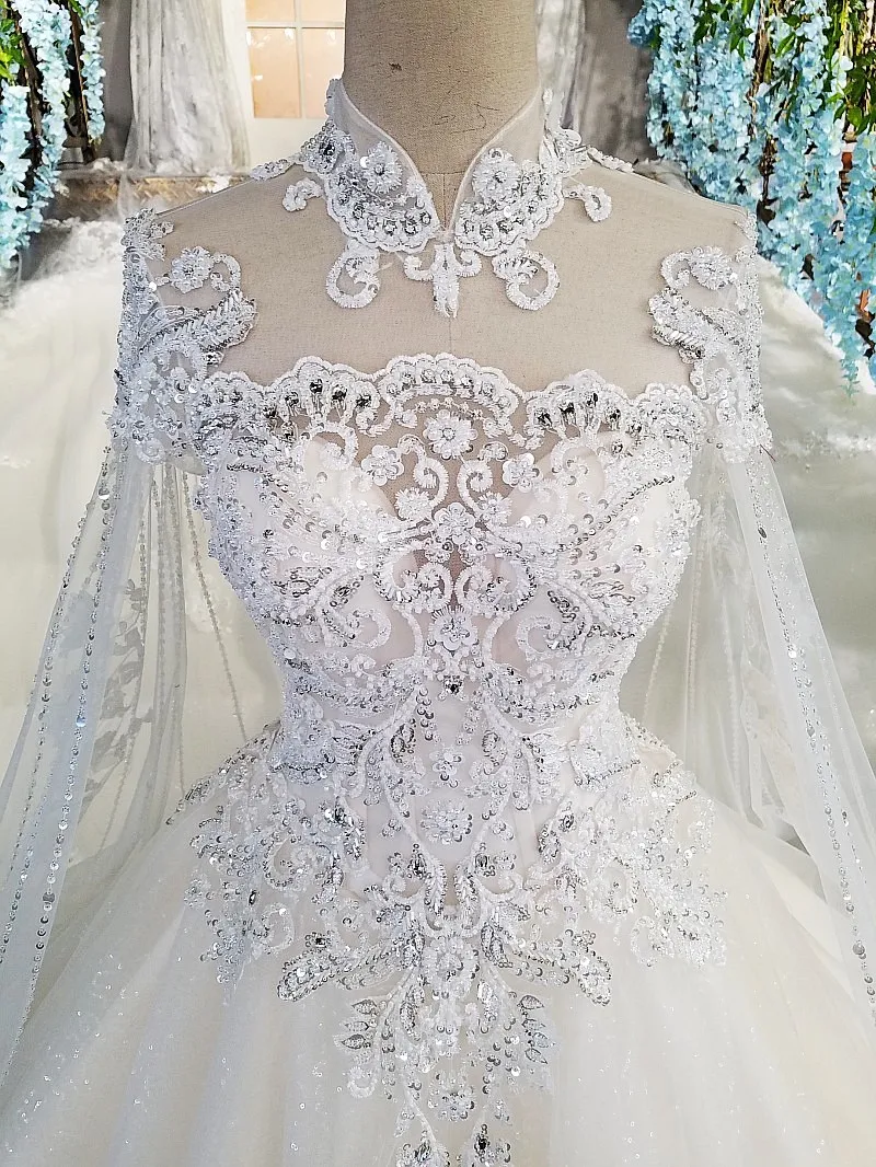 LS00169 платье люксроскошные свадебные платья с вышивкой из бисера бальное платье с коротким рукавом с высоким вырезом кружево с белым принцессой реальные фото