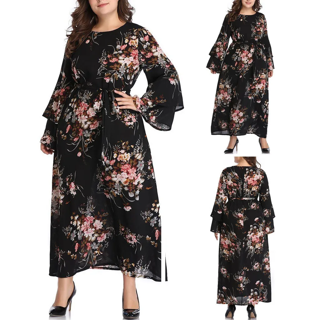Модные женские платья размера плюс с цветочным принтом размера плюс для женщин 4xl 5xl 6xl повседневное длинное платье с длинным рукавом и О-образным вырезом