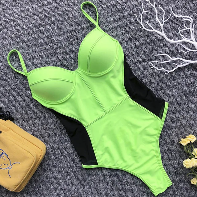 B412Green Сексуальный неоновый сетчатый купальник, сдельный Купальник для женщин, монокини с высоким вырезом, женский прозрачный купальник с бюстгальтером, купальник-боди - Цвет: B412Green
