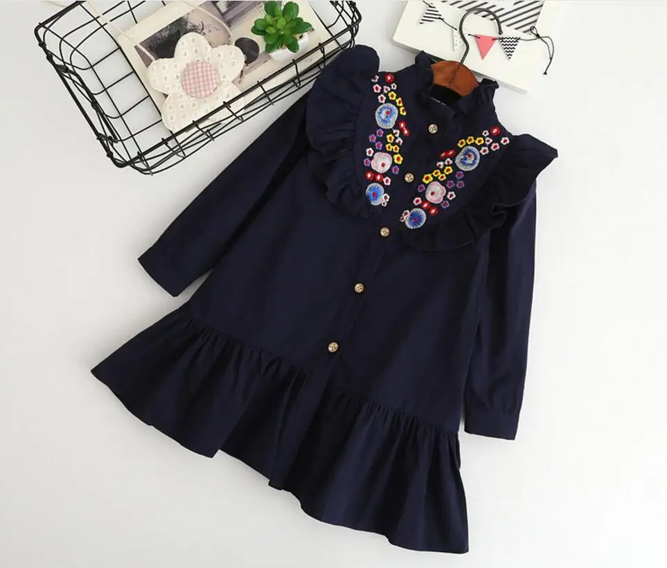 Новая осень хлопок Вышивка платья с длинным рукавом принцесса Обувь для девочек