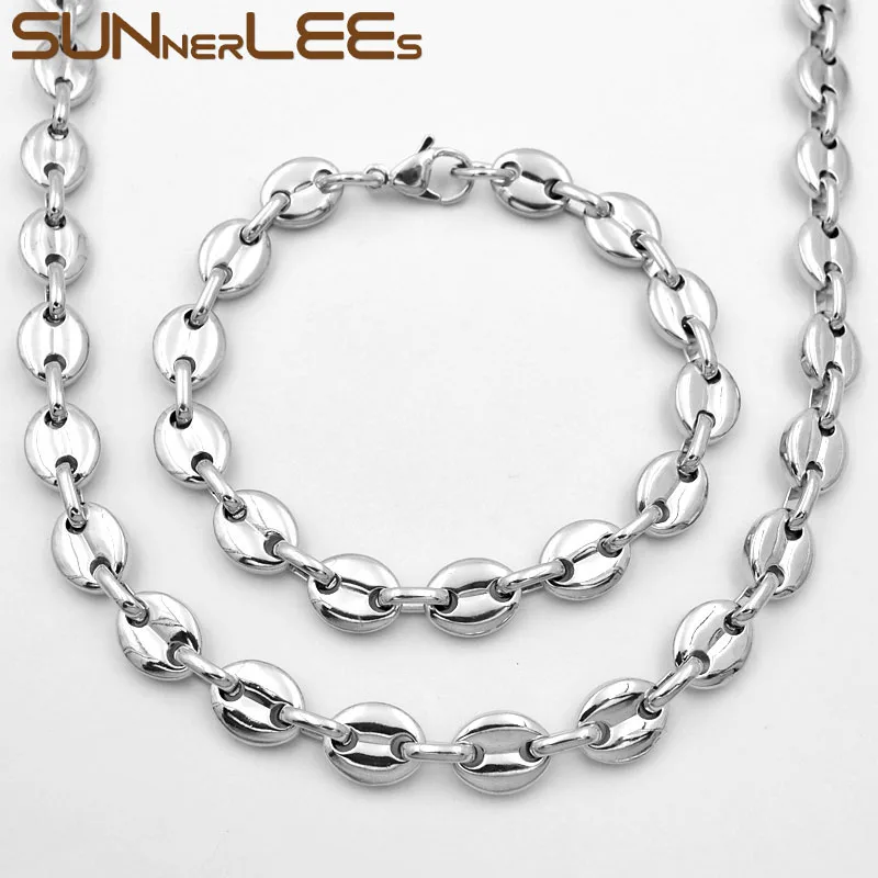 Набор бижутерии из нержавеющей стали SUNNERLEES Fashion Jewelry: ожерелье и браслет на цепочке с звеньями в виде кофейных зерен, для мужчин и женщин. SC13 S.