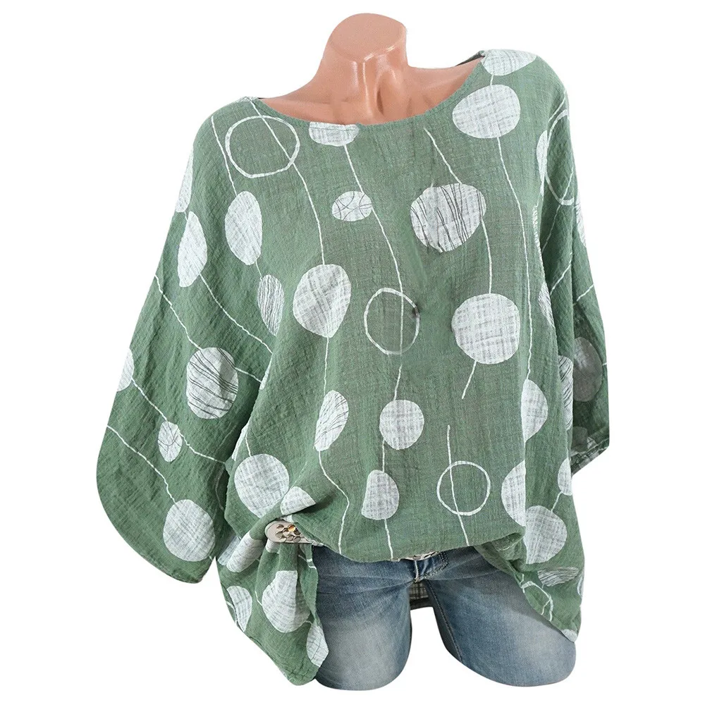 Green 5XL Плюс большой размер женские блузки летние топы размера плюс с длинным рукавом О-образным вырезом в горошек Блузка пуловер Женские топы и блузки#5 - Цвет: Green