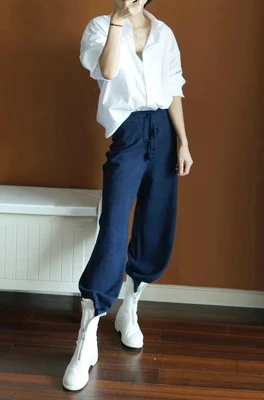 Navy blue Осень зима новые мягкие восковые удобные кашемировые верблюжьи брюки женские чистые Трикотажные Широкие брюки повседневные свободные трикотажные брюки для женщин - Цвет: Navy blue