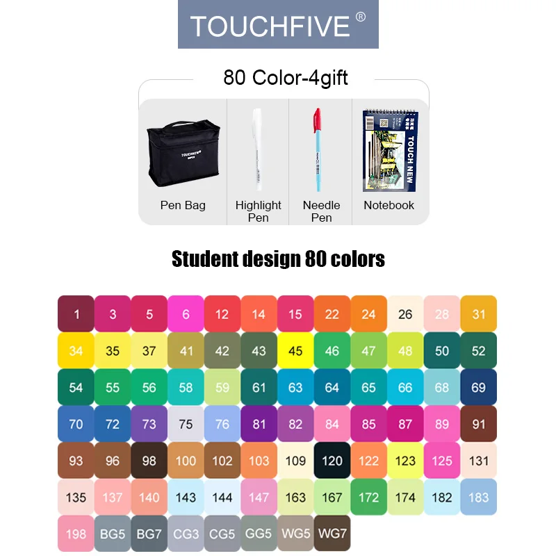 80-colors-student TouchFIVE маркеры 40/60/80/168 и 30 штук на выбор, набор профессиональных маркеров на спиртовой основе с двойным наконечником для рисования, эскизов, дизайна, манги и аниме - Цвет: 80-colors-student