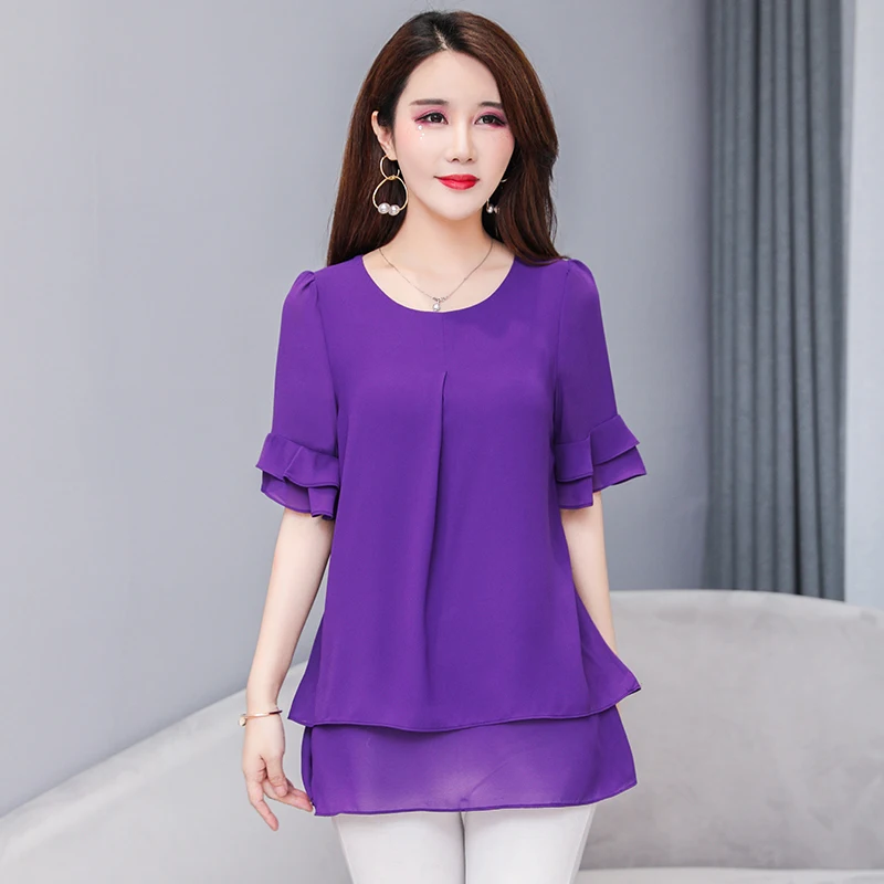 Женская блузка с коротким рукавом 5XL элегантная шифоновая размера плюс лето