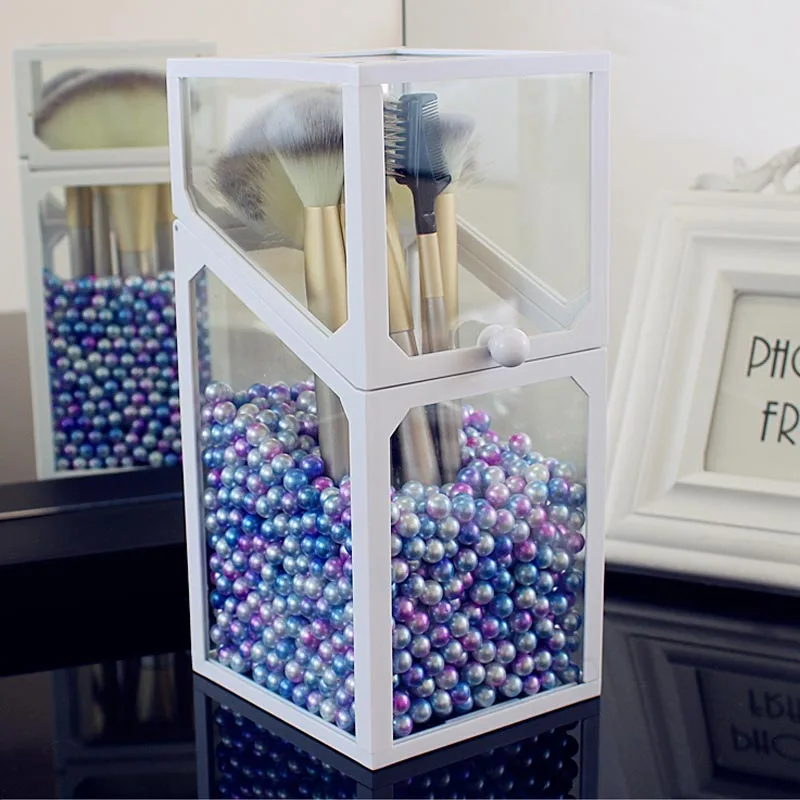 with pearl Прозрачная стеклянная Кисть для макияжа, косметическая кисть для хранения, карандаш для бровей, Настольный акриловый ящик для хранения, Пыленепроницаемая кисть - Цвет: with pearl