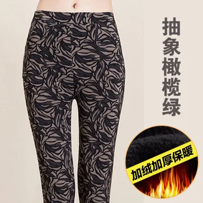 Abstract olive green INDJXND женские зимние леггинсы, женские тату бархатные плотные теплые штаны, модные легинсы с цветами, кашемировые Капри, сексуальные леопардовые черные штаны - Цвет: Abstract olive green
