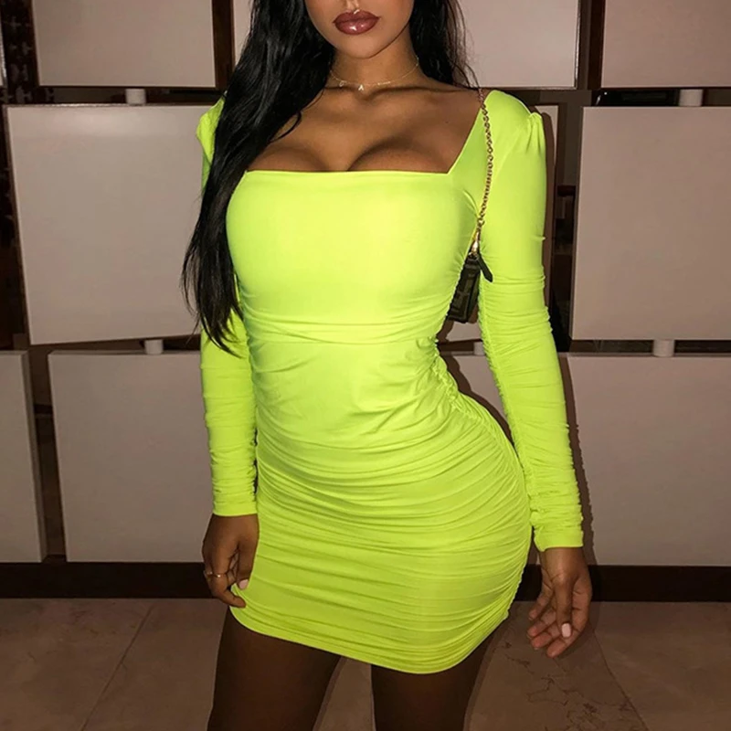 Женское облегающее платье с квадратным воротником и длинным рукавом женские