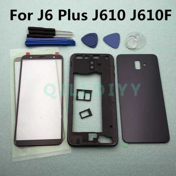 J6 Plus black J6+ полный Корпус чехол для samsung Galaxy J6 плюс J610 J610F ЖК-дисплей панели средняя рамка Батарея дверь задняя крышка+ передний Стекло объектив - Цвет: J6 Plus black