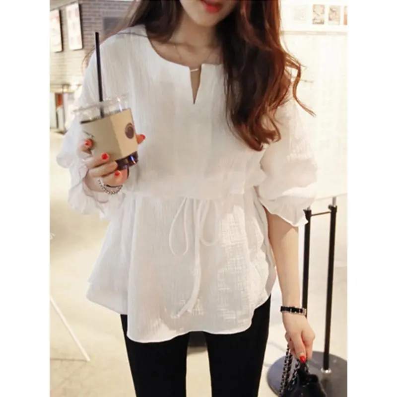 Korean Cotton Linen White Blouse Women Sweet Fashion Lace Up Summer Shirt Black Office Elegant Casual Basic Tops Ladies Blouses |