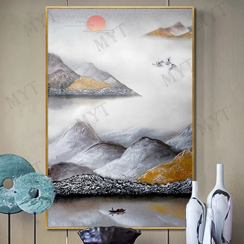 

Cheap Hand Painted Wall art Picture Abstract oil painting on canvas gold montains for Living room Entrance home decor unframed