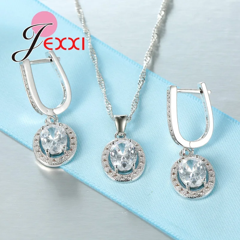 

Top Quality New 925 Sterling Silver AAA Zircon Crystal Shiny Round Shaped Jewelry Set Earring+Necklace For Women Best Gift