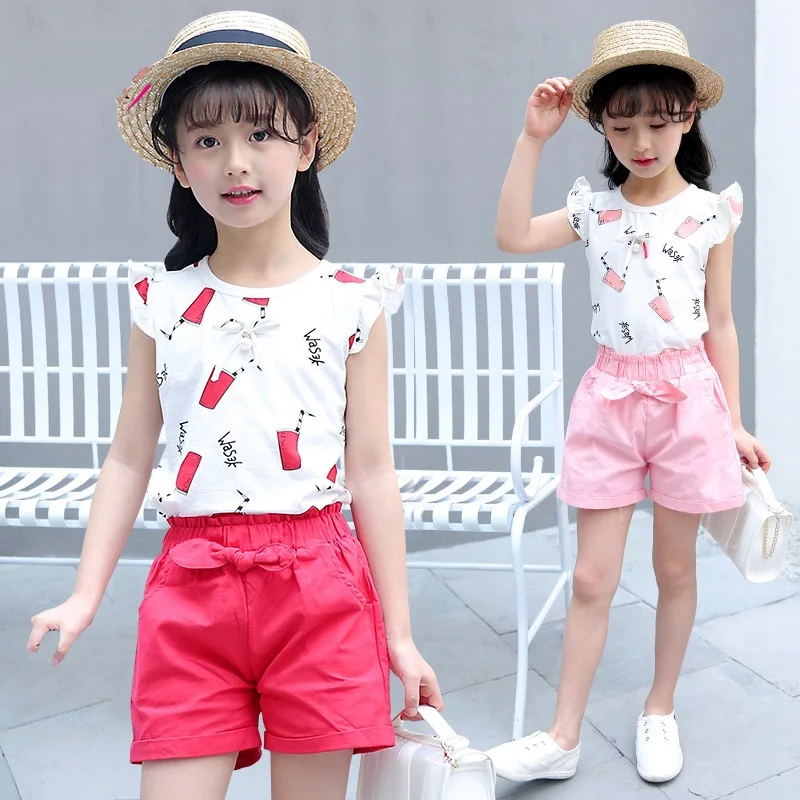 Girls Sets summer 2019 new short-sleeved t-shirt shorts suit big children short sleeve 3-12 years old children's clothing | Мать и