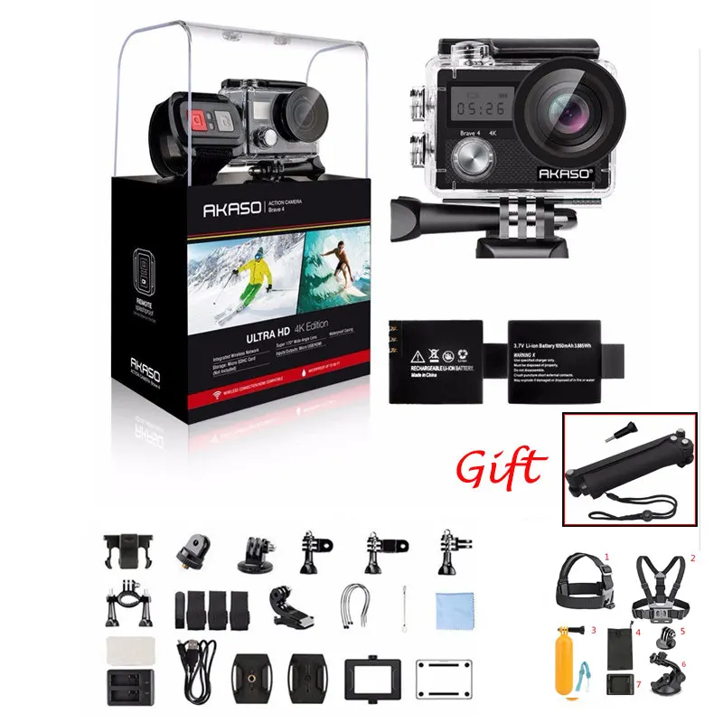 black bundle andgift Экшн-камера AKASO Brave 4 4 K/24fps Ultra HD 20MP Wifi anti-shake 30m Подводный Водонепроницаемый пульт дистанционного управления шлем Спортивная камера - Цвет: black bundle andgift