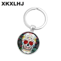 heat skull keychain mexican folk art skull picture glass dome keychain glass convex keychain fashion jewelry womens day gift