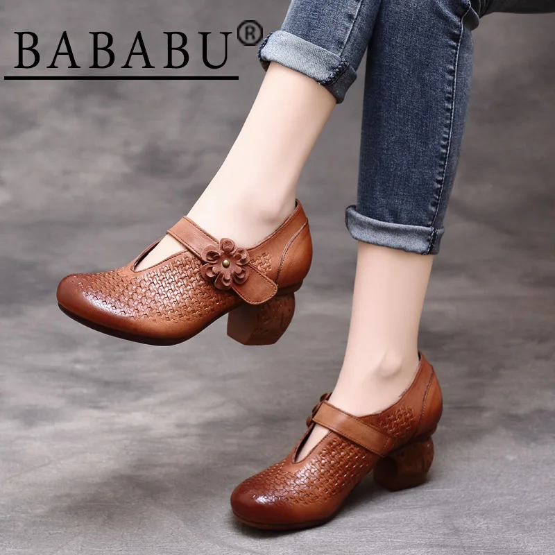 Новинка сезона весна-лето 2019 кожаные тонкие туфли в стиле ретро с круглым носком