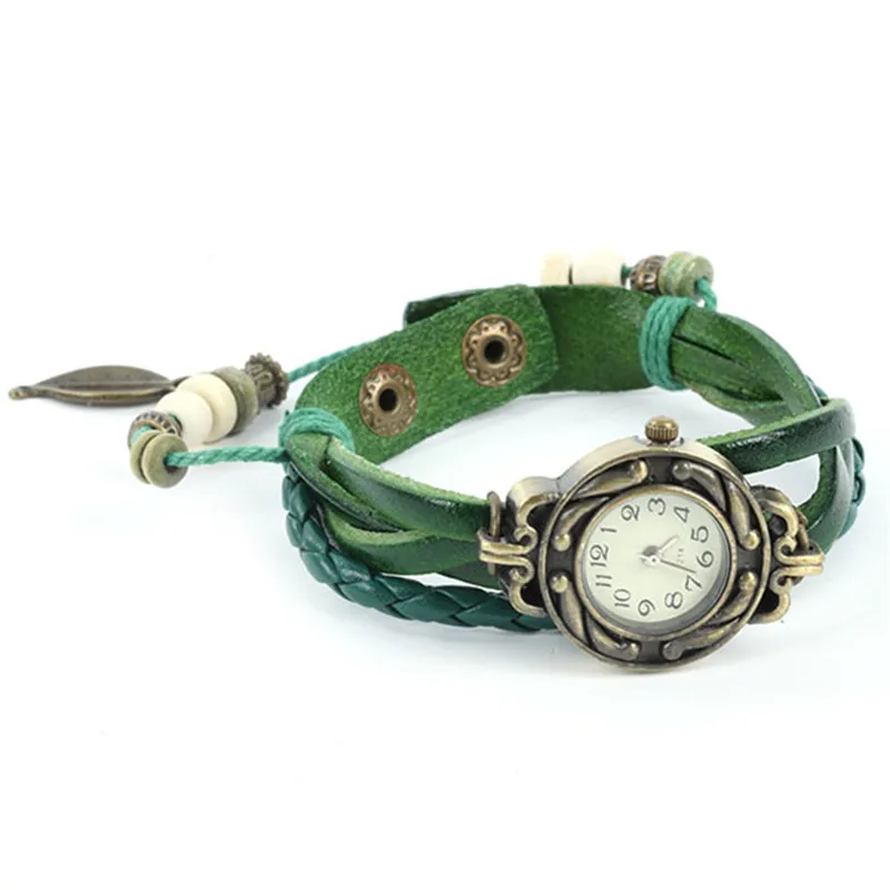 * Relojes милые женские цифровые Тканые часы с листьями кожаный браслет кварцевые