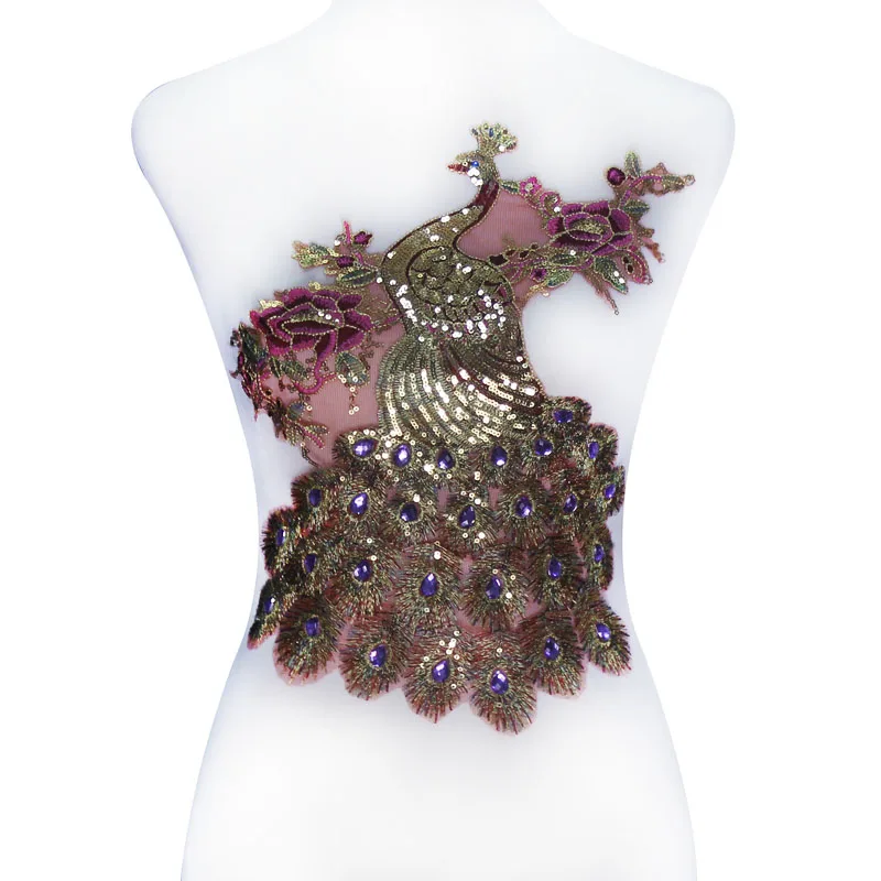 10 шт. золотые пайетки патчи с павлином фиолетовые стразы кружевная вышивка