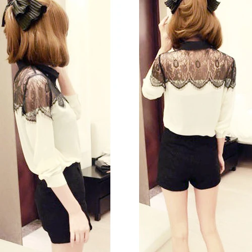 Женская шифоновая блузка черная с кружевом длинным рукавом | одежда