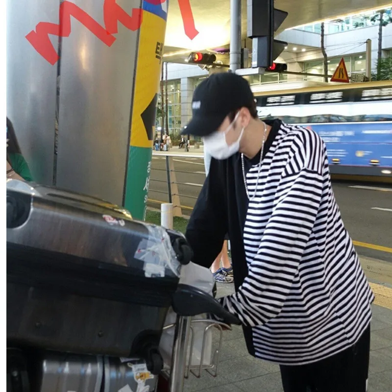 Kpop got7 пуловер Ван Jiaer с футболка длинными рукавами Бобби полосатый шить свитер