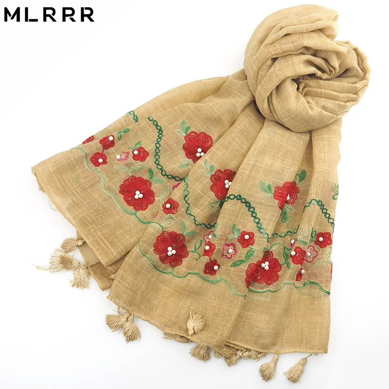 MLRRR new fashion gold powder cotton embroidered pearl long scarf female (turmeric light green watermelon red) |