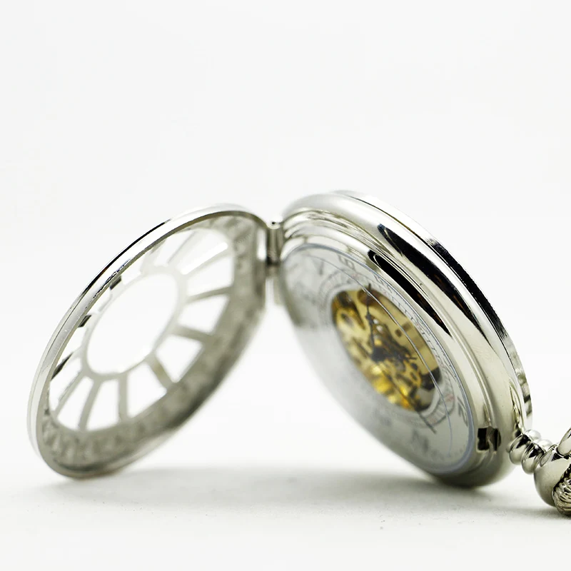 Luxury Silver Laser Anchor Round Hollow Design Manual Mechanical Pocket Watch Fashion Men's Pendant Necklace Accessories Clock