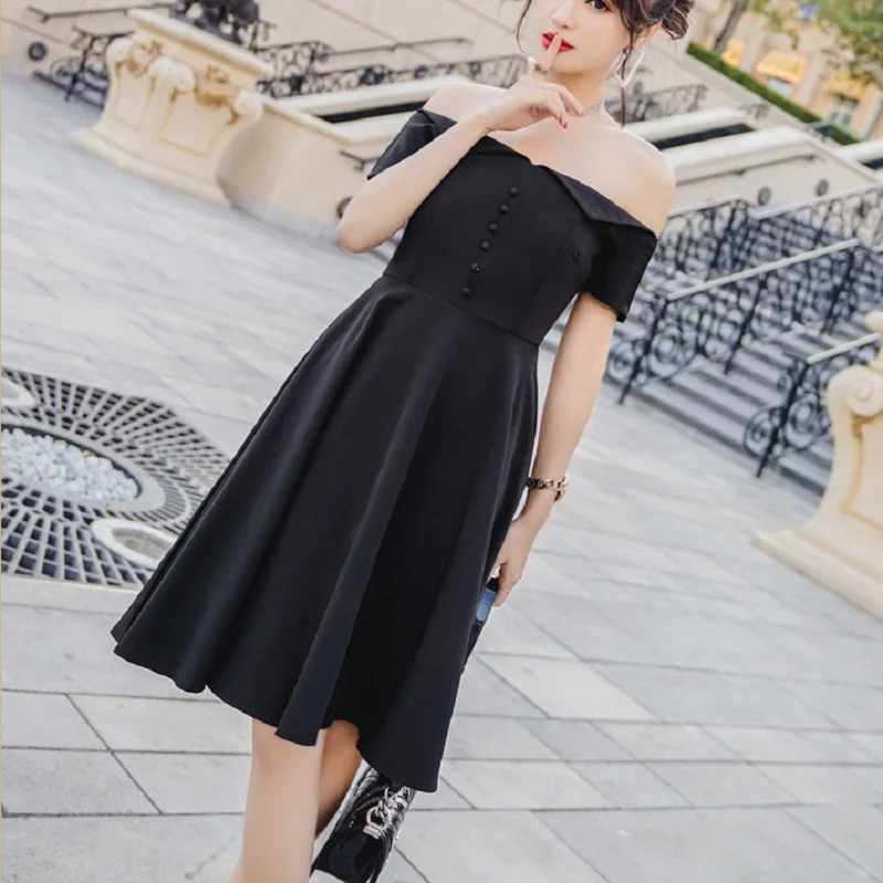 Одноцветное Винтаж голое плечо Комплект Талия Кнопка Line платье с открытыми