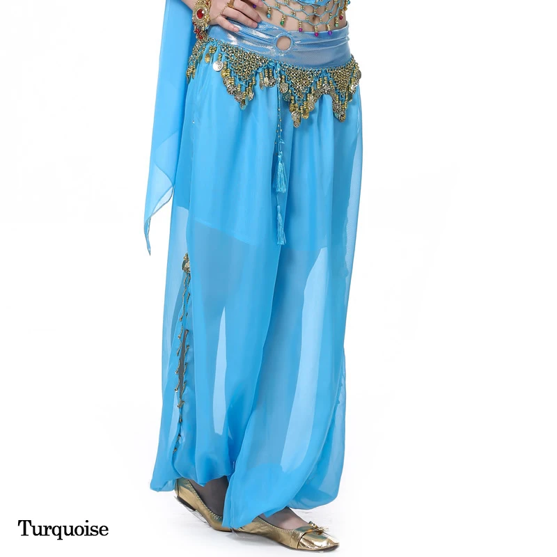 Turquoise Индийские танцевальные штаны, женские шаровары, штаны для танца живота, шифон, блестки, Висячие монеты, шаровары, 1 шт., штаны для танцев, выступлений, 10 цветов - Color: Turquoise