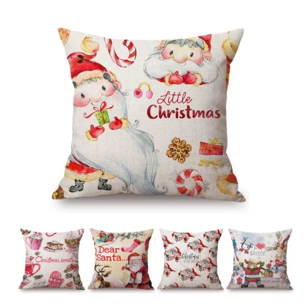 

Милый мультяшный Санта-Клаус акварель Рождество искусство дома декоративная подушка чехол детский подарок хлопковая льняная наволочка