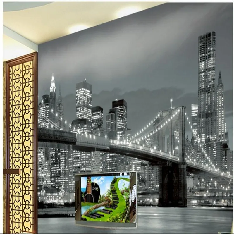 beibehang papel de parede European and American urban landscape black white night photography TV background wall | Обустройство дома