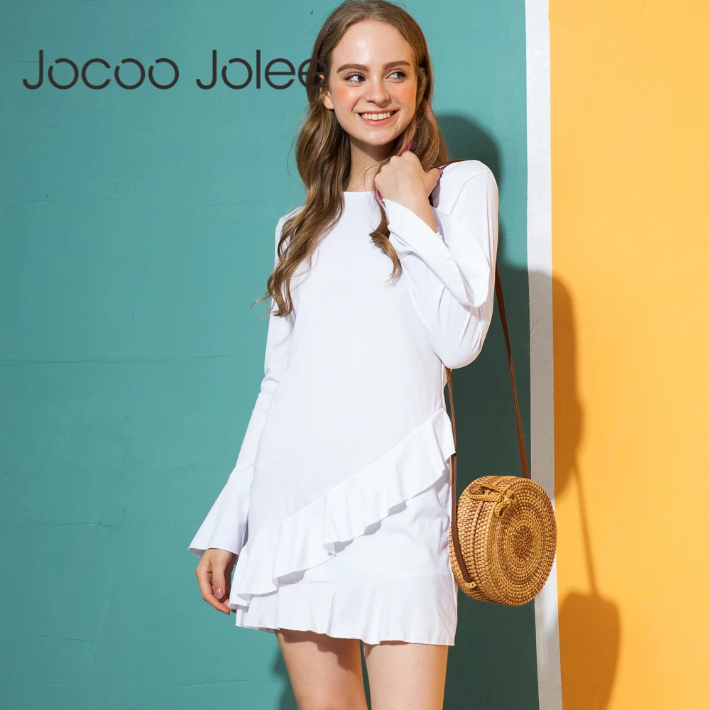Женское мини-платье Jocoo Jolee с длинным рукавом оборками повседневное круглым
