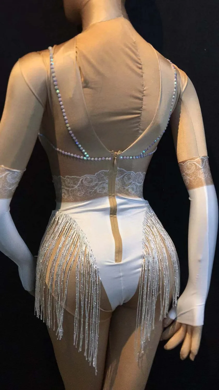 Women Nightclub Crystals Bodysuit Rhinestones Bodysuits With Gloves Bar Party Show Dance Clothing Sexy Female Singer Stage Wears