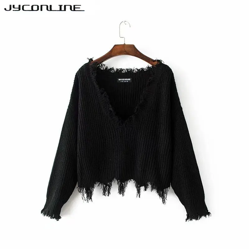 Сексуальный вязаный свитер JYConline женский джемпер черный белый рваный пуловер с