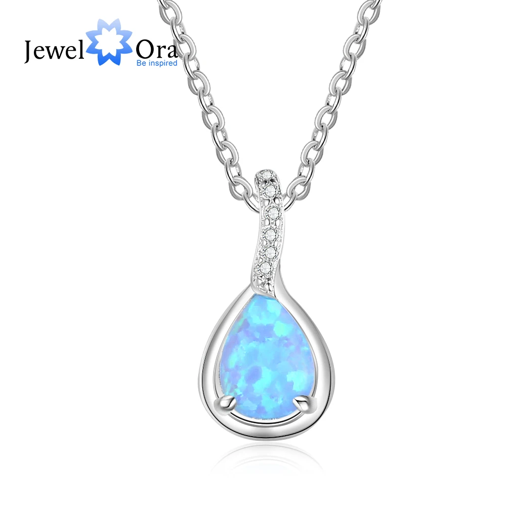 

925 Sterling Silver Water Drop Blue Opal Necklaces for Women Geometirc Necklaces & Pendants Jewelry Gift (JewelOra NE103210)