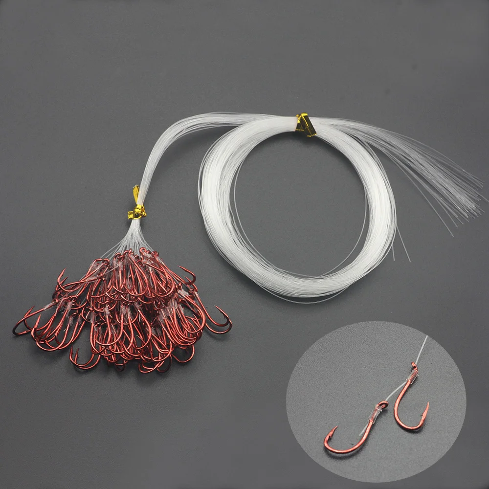 

Rompin 50pcs/set double fishing hooks with Line for string hook snelled hooks 4# 75cm monofilament line 3KGS panfish walleye